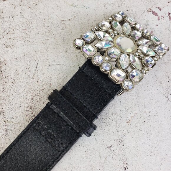 Vintage Y2K GUESS 100% Leather Belt Black Bedazzled Buckle Crystals size M main image 4